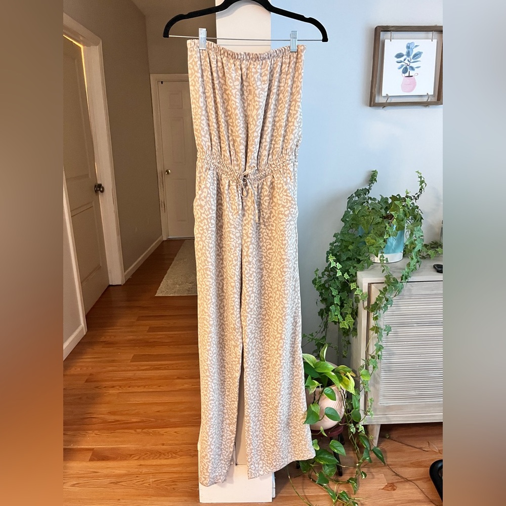 ANN TAYLOR LOFT Tan Strapless Straight Leg Jumpsuit